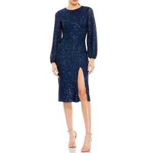 Mac Duggal Long-sleeve Sequin Cocktail Knee Length Dress Midnight Blue Size 10